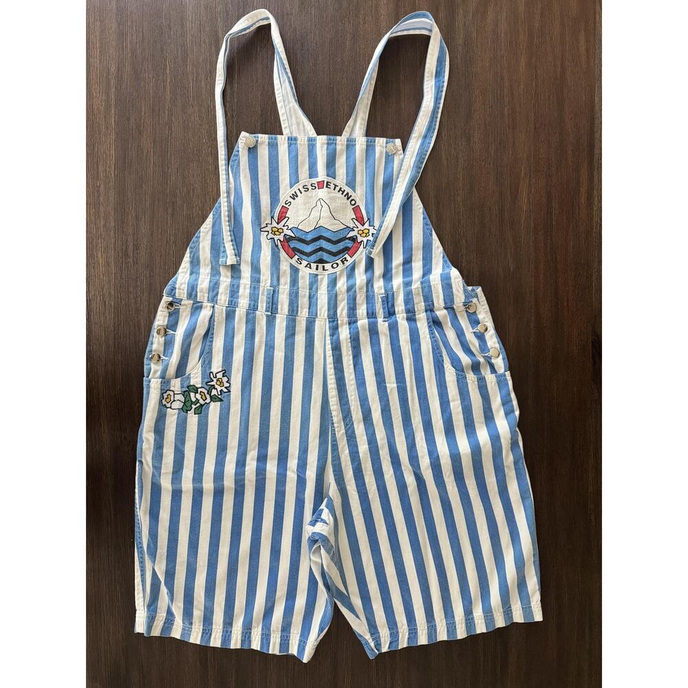 Vintage Romper Shortall Mens XL Blue Stripe Swiss Ethno Sailor Nautical